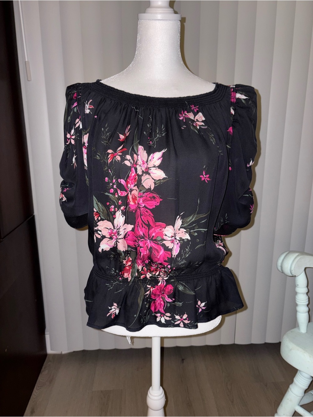 Joie Black Floral Off-the-Shoulder Blouse with Pink Blooms